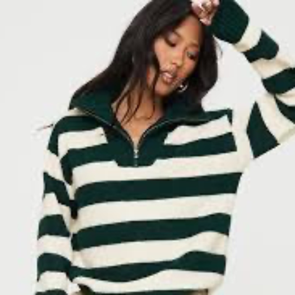 PRINCESS POLLY NEENA QUARTER ZIP SWEATER GREEN / CREAM NWT